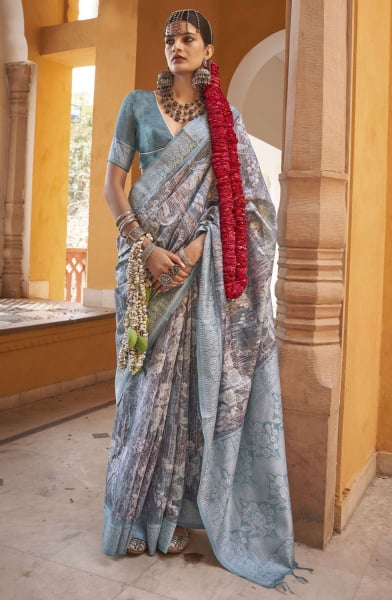 Dusty Grey Abstract Print Silk Saree with Weaving