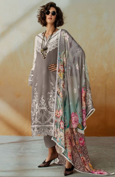 Dusty Grey and Off White Pure Muslin Suit