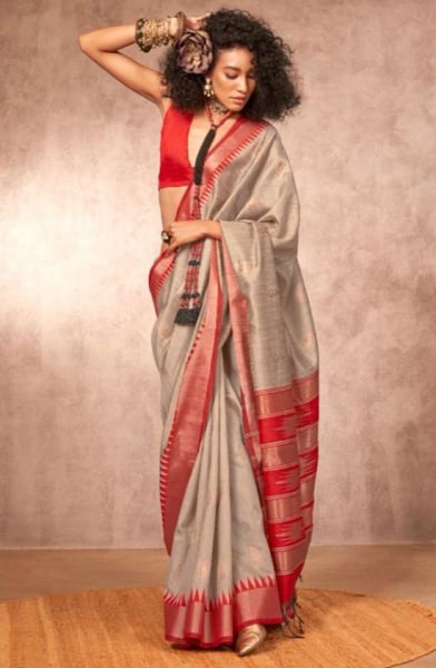 Dusty Grey Bhagalpuri Silk Saree with Gadhwal Border