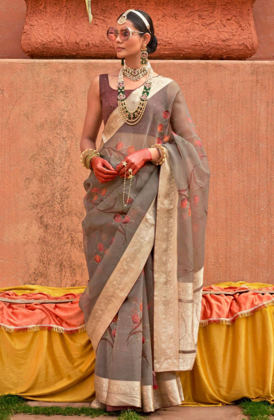 Dusty Grey Embellished Floral Print Organza Silk Saree