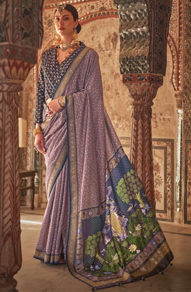 Dusty Grey Embellished Viscose Silk Saree