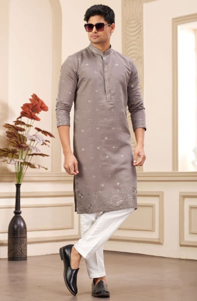 Dusty Grey Embroidered Art Silk Kurta Set