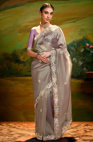 Dusty Grey Embroidered Designer Saree for Wedding