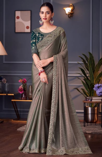 Dusty Grey Embroidered Double Tone Silk Designer Saree