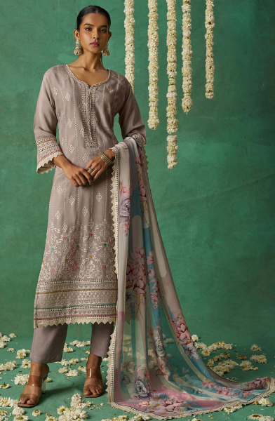 Dusty Grey Embroidered Pure Organza Pant Kameez
