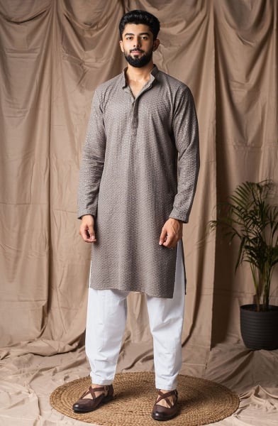 Dusty Grey Embroidered Rayon Kurta Set
