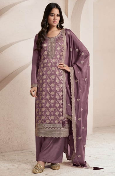 Dusty Grey Embroidered Viscose Jacquard Silk Palazzo Kameez