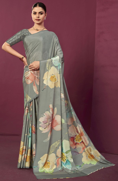 Dusty Grey Floral Print Crepe Silk Saree