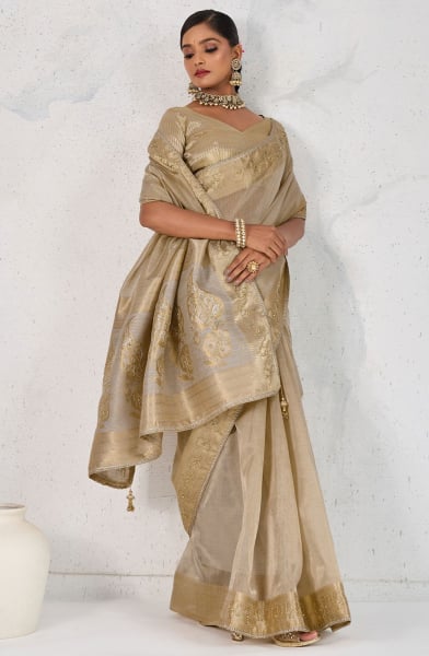 Dusty Grey Handwork Tissue Linen Saree