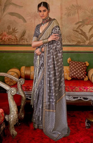 Dusty Grey Mercerized Silk Saree for Festival