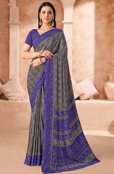Dusty Grey Printed Crepe Casual Saree