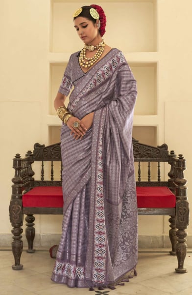 Dusty Grey Printed Silk Saree with Weaving