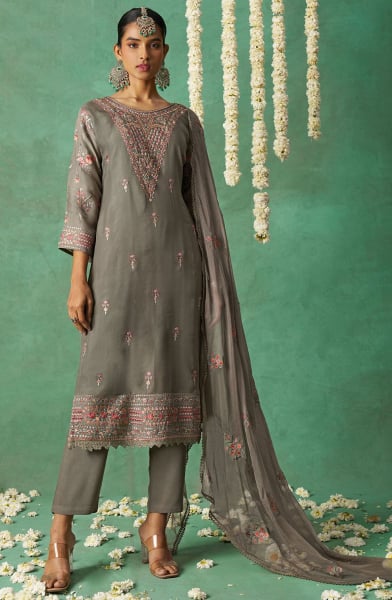 Dusty Grey Resham Embroidered Pure Organza Pant Kameez