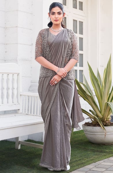 Dusty Grey Satin Silk Ready to Wear Saree with Jacket