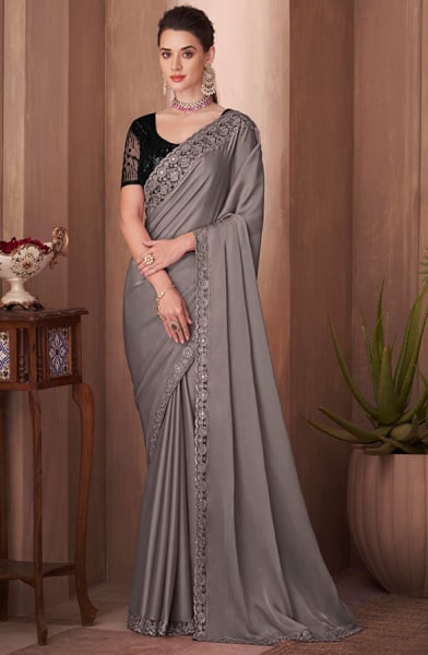 Dusty Grey Silk Saree with Embroidered Blouse