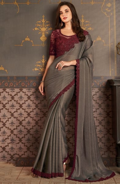 Dusty Grey Silk Saree with Embroidered Blouse