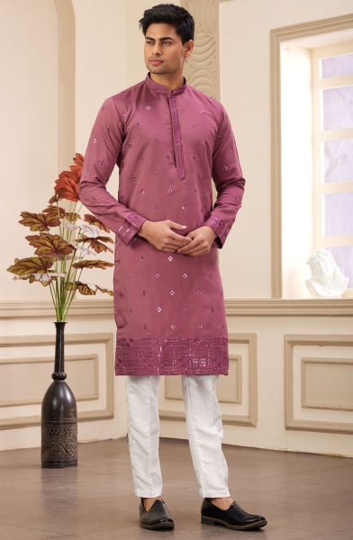 Dusty Maroon Embroidered Art Silk Kurta Set