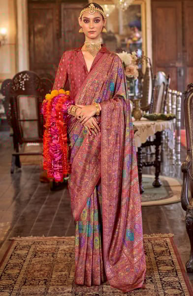 Dusty Maroon Printed Viscose Silk Saree