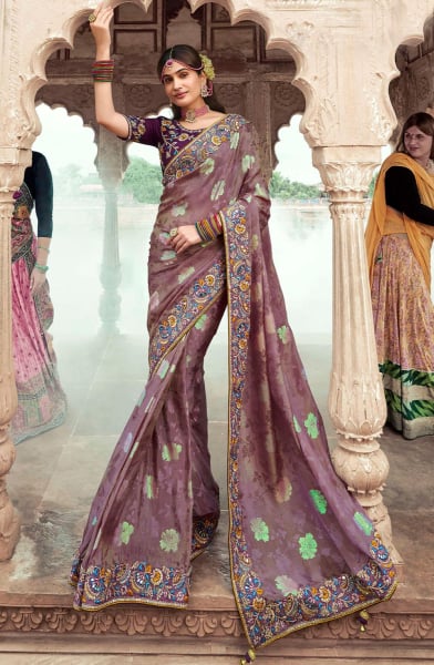 Dusty Mauve Embroidered Silk Designer Saree