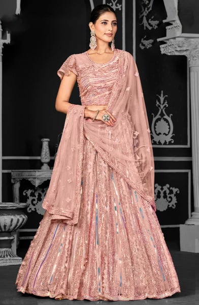 Dusty Peach Embroidered Net Designer Lehenga Choli