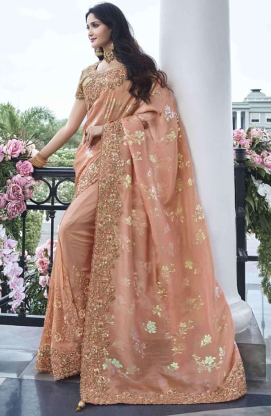 Dusty Peach Embroidered Viscose Silk Designer Saree