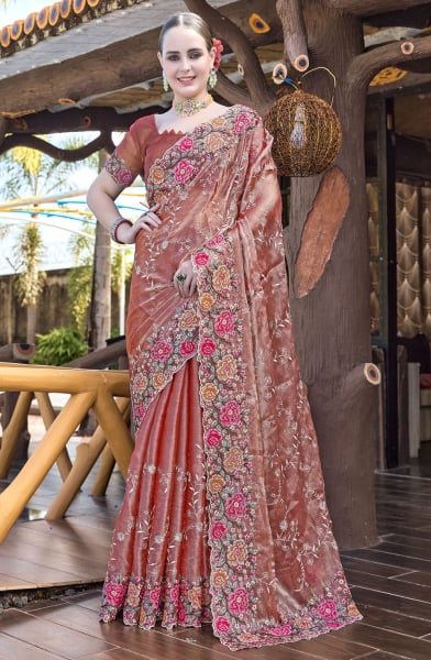 Dusty Peach Heavy Resham Embroidered Party Wear Saree