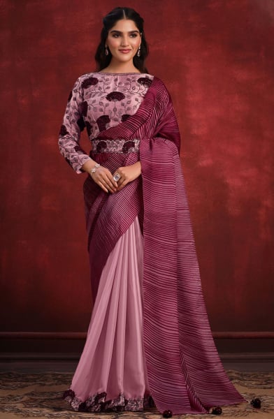 Dusty Pink and Wine Crepe Satin Silk Designer Saree