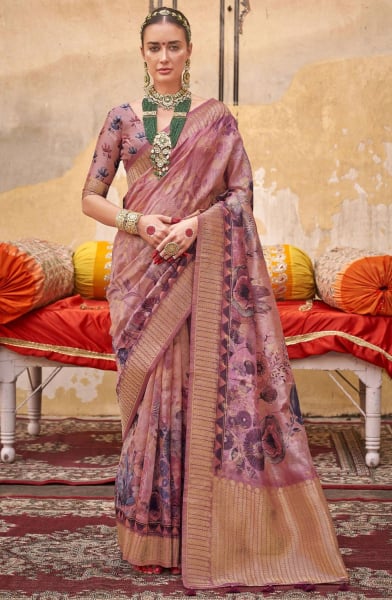 Dusty Pink Digital Print Silk Saree