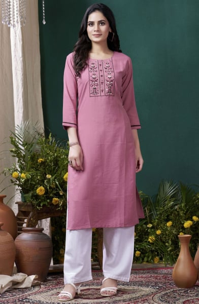 Dusty Pink Embroidered Cotton Kurti with Bottom