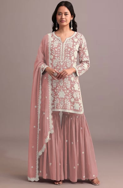 Dusty Pink Embroidered Faux Georgette Sarara Kameez