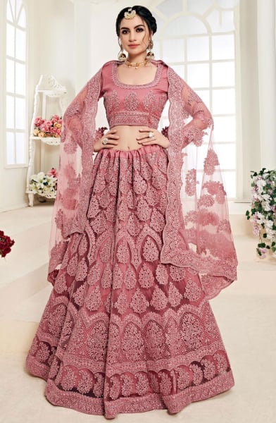 Dusty Pink Embroidered Net Designer Bridal Lehenga Choli