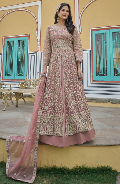 Dusty Pink Embroidered Net Lehenga Pant Kameez