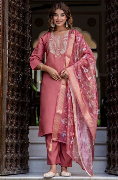Dusty Pink Embroidered Silk Blend Readymade Suit