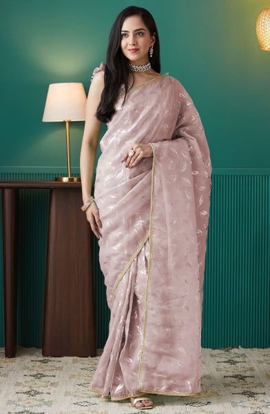 Dusty Pink Foil Print Organza Ready to Wear Saree