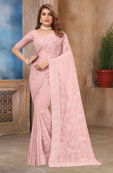 Dusty Pink Georgette Sequins Embroidered Saree