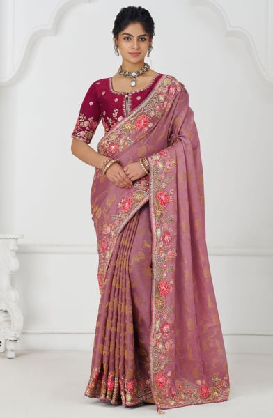 Dusty Pink Handwork Pure Viscose Silk Designer Saree