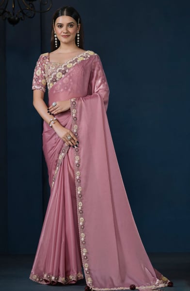 Dusty Pink Heavy Embroidered Designer Saree