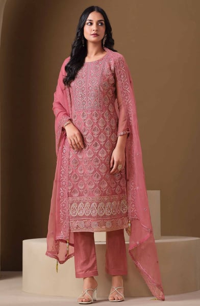 Dusty Pink Lakhnavi Embroidered Chiffon Plus Size Suit