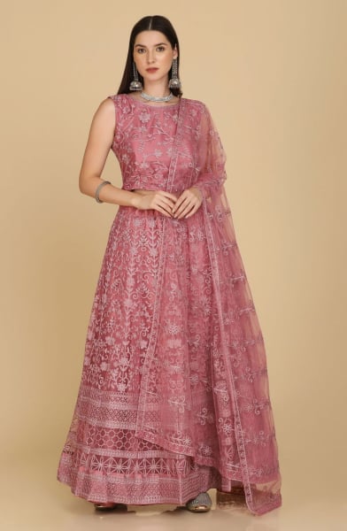 Dusty Pink Net Party Wear Lehenga Choli Set