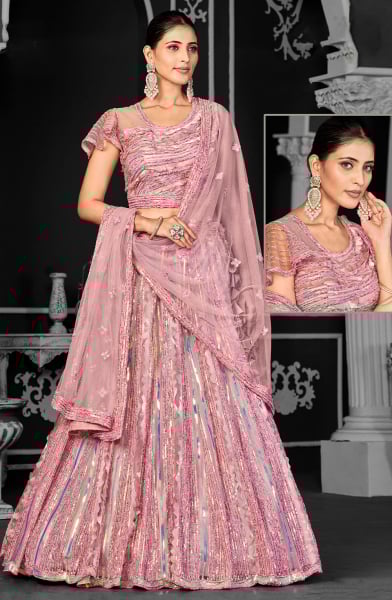 Dusty Pink Net Semi Stitched Lehenga Choli and Dupatta