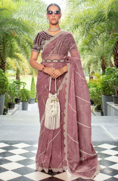 Dusty Pink Organza Saree with Embroidered Blouse