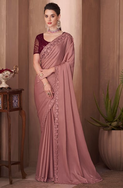 Dusty Pink Silk Saree with Embroidered Blouse