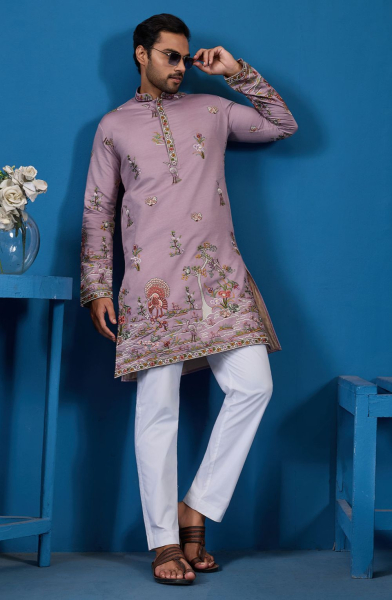 Dusty Pink Viscose Silk Sequins Embroidered Kurta
