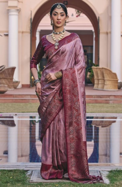 Dusty Pink Zari Woven Satin Saree for Wedding