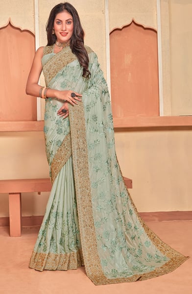 Dusty Pista Green Crape Silk Resham Embroidered Saree