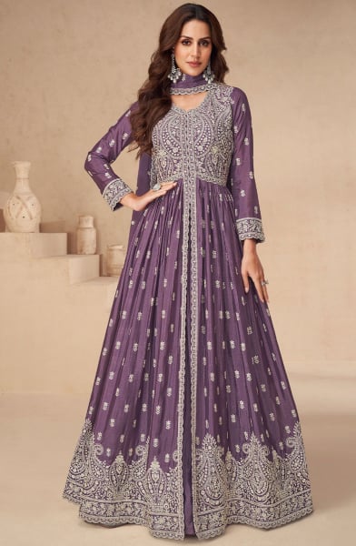 Dusty Purple Embroidered Chinnon Lehenga Kameez