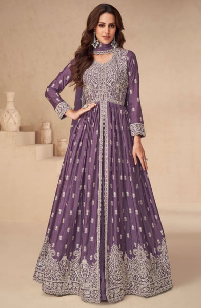 Dusty Purple Embroidered Chinnon Silk Designer Lehenga Kameez for Ceremonial