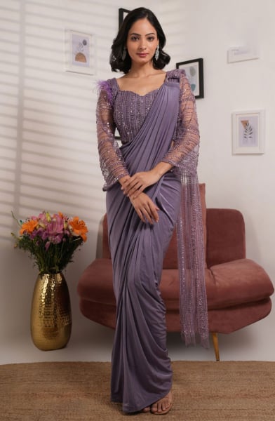 Dusty Purple Heavy Embroidered Party Wear Saree