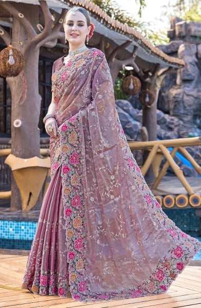 Dusty Purple Heavy Resham Embroidered Party Wear Saree