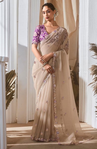Dusty White Sequins Embroidered Tissue Organza Saree